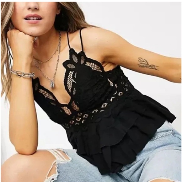 Free People Black Adella Lace Ruffle Tiered Camisole BUY ONE GET ONE FREE ‼️ - Picture 1 of 16